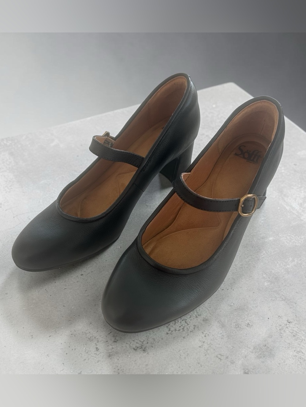 Sofft Black Mary Jane Block Heel Pumps with Gold Buckle Accent